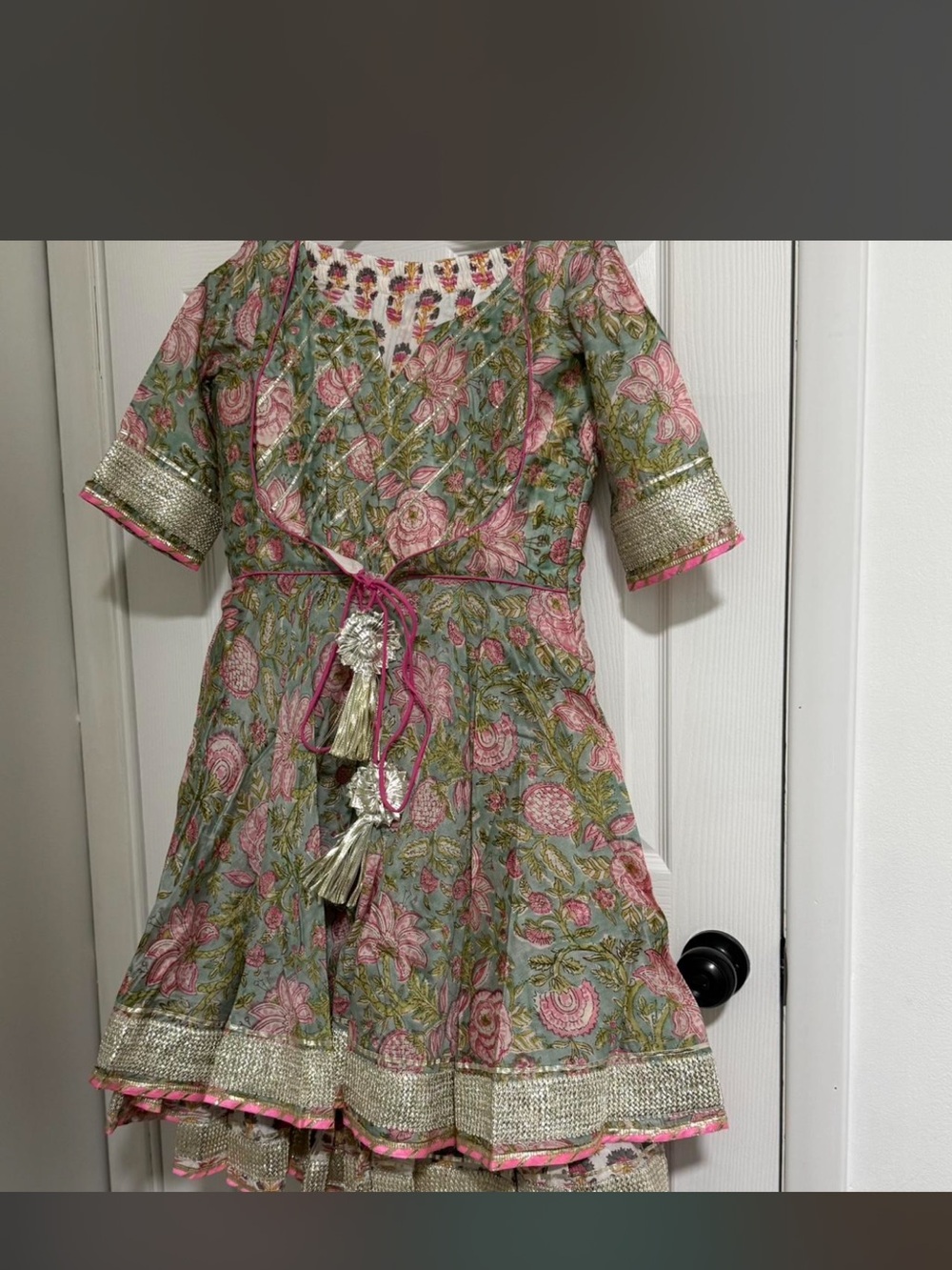 Floral Pink & Green Party Pakistani Indian Dress with Tassel Belt